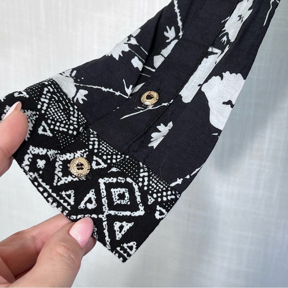 Calessa Black & White Floral Aztec Tunic Gold Button Shirt Dress Size L - Picture 5 of 12